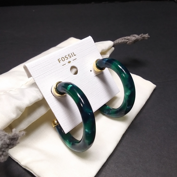 FOSSIL Green "Marble" Post Hoops w/ Gold Accents NWT - Picture 2 of 12
